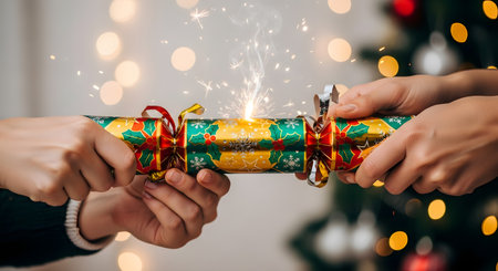 Two people are pulling a festive Christmas cracker, which is sparking in the middle. The background features blurry bokeh lights from a Christmas tree, creating a warm and celebratory holiday atmosphere.の素材
