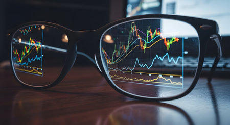 A pair of eyeglasses rests on a wooden desk in front of a computer monitor. The lenses reflect a complex, colorful stock market candlestick chart, showing financial data, graphs, and trends. This image symbolizes finance, investment, analysis, and focus.の素材