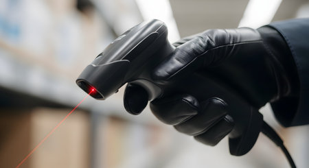 A close-up of a hand wearing a black leather glove, holding a handheld barcode scanner. A red laser line is emitted from the scanner, pointed towards an out-of-focus background, likely warehouse shelves. This represents inventory, logistics, shipping, and warehouse work.の素材