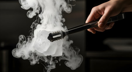 A hand uses metal tongs to hold a block of dry ice which is sublimating and producing a thick cloud of white smoke against a black background. The image demonstrates a scientific concept or experiment involving carbon dioxide and extreme cold.の素材