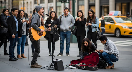 A young male street musician is busking on a city sidewalk, singing into a microphone and playing an acoustic guitar. A crowd of people has gathered to watch, listen, and film with their phones, while a partner collects tips in an open guitar case.の素材