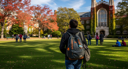 A male student with a backpack is seen from behind,standing on a grassy quad on a university campus. The scene is set in autumn,with red and yellow fall foliage on the trees and historic,ivy-covered buildings in the background.の素材