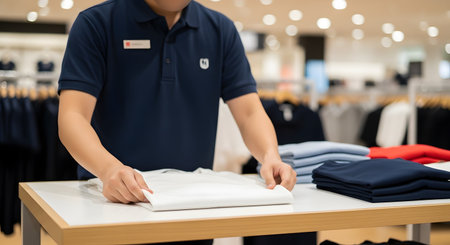 A male retail employee wearing a blue polo shirt and name tag is neatly folding a white t-shirt on a display table in a clothing store. This scene represents customer service, merchandising, and the daily tasks of a shop assistant.の素材