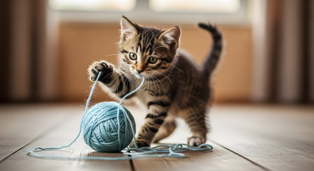 An adorable little tabby kitten with wide eyes playfully paws at a ball of blue yarn on a wooden floor. The image captures the curious and playful nature of a young cat, representing innocence, fun, and domestic pets.の素材