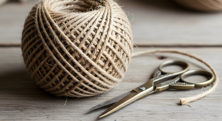 A ball of natural jute twine and a pair of small, vintage-style bronze scissors rest on a rustic wooden table. The image represents crafts, DIY projects, packaging, or gardening.の素材