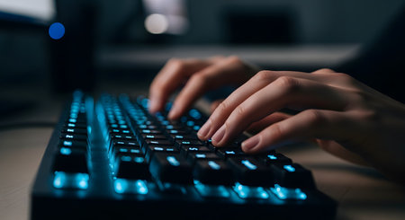 A close-up of a person's hands typing on a black mechanical keyboard with bright blue backlighting. The setting is dark, suggesting night-time work, gaming, coding, or hacking. The focus is on the fingers as they press the keys.の素材