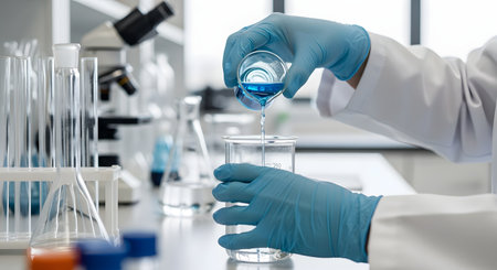 A scientist in a white lab coat and blue nitrile gloves pours a blue liquid from one small glass beaker into a larger one. The setting is a bright, modern laboratory with test tubes, flasks, and a microscope visible in the background. This represents scientific research, chemistry, and experimentation.の素材