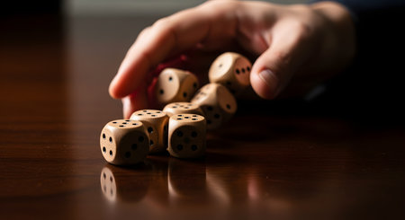 A person's hand is rolling several wooden dice across a dark, reflective wooden table. The image captures a moment of chance and risk, symbolizing gambling, decision-making, and playing a game.の素材
