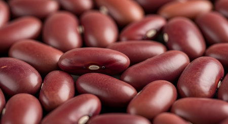 An extreme close-up, macro photograph of a pile of dry red kidney beans. The detailed texture and deep red color of the legumes create a rich background image representing healthy food, plant-based protein, and cooking ingredients.の素材