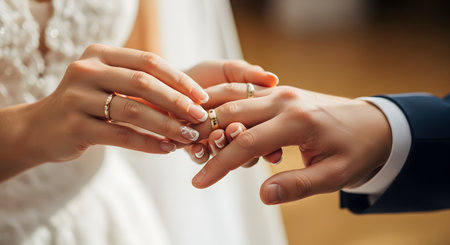 A tender close-up moment during a wedding ceremony where the bride is gently placing a golden wedding ring on the groom's finger. This image symbolizes love, marriage, commitment, and the beginning of a life together.の素材