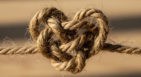 A close-up of a thick, coarse rope (like jute or sisal) tied in the shape of a heart on a blurred, warm-toned background. The image symbolizes love, connection, strength, and rustic charm.の素材