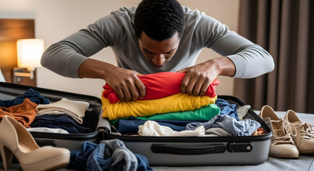 A man leans over an open suitcase on a bed, carefully packing a stack of colorful folded clothes (red, yellow, green). The room appears to be a hotel or bedroom, and other clothes and shoes are visible.の素材
