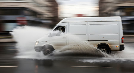 A white delivery van is captured with motion blur as it speeds through a large puddle on a wet city street, creating a big splash. The image conveys concepts of fast delivery, all-weather service, and driving in the rain.の素材