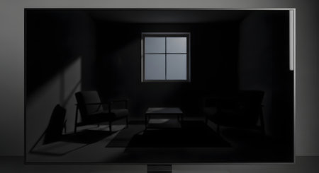 A modern, sleek television screen is shown in a dark environment, displaying a blurry and dimly lit interior scene of a room. This conceptual image can represent home entertainment, screen technology, or a placeholder for video content.の素材