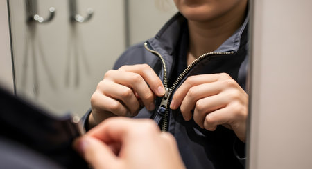 A close-up of a woman's hands as she zips up a dark blue jacket while standing in a fitting room. Her reflection is visible in the mirror, capturing the moment of trying on new clothes while shopping.の素材