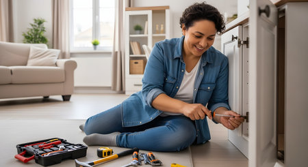 A happy and independent woman is sitting on the floor of her living room, doing a DIY project. She is smiling as she uses a screwdriver to assemble or repair a white kitchen cabinet, with a toolbox and other tools spread out beside her.の素材