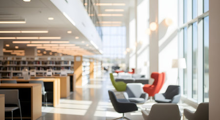 A bright, out-of-focus background image of a modern public library or university common area. The blurred view shows bookshelves in the distance, study tables, and a lounge area with colorful chairs, all bathed in natural light from large windows.の素材