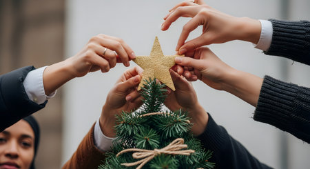 Multiple hands from a diverse group of people work together to place a gold, glittery star on top of a small Christmas tree. The close-up shot emphasizes teamwork, community, and the shared joy of holiday traditions.の素材