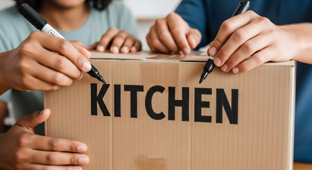 A close-up of two people's hands holding black markers and writing the word 'KITCHEN' on a cardboard box. This collaborative action is typical of packing for a move, symbolizing teamwork, organization, and a new beginning.の素材