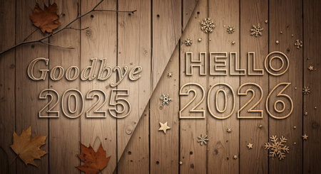 A conceptual image for the New Year, split diagonally on a rustic wooden plank background. The left side says "Goodbye 2025" with autumn leaves, and the right side says "Hello 2026" with snowflakes, symbolizing the seasonal transition and the end of one year to the beginning of the next.の素材