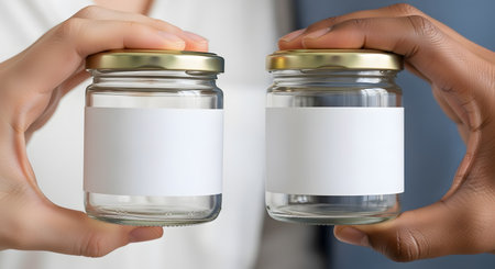 Two diverse hands, one Caucasian and one African American, are each holding a small glass jar with a blank white label, perfect for product mockups. The image represents diversity, comparison, and product presentation.の素材