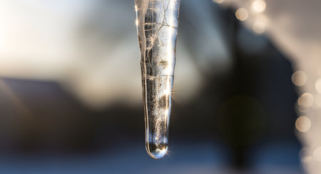 A macro shot captures a single icicle melting in the bright sunlight, with a drop of water about to fall from its tip. The image symbolizes the transition from winter to spring, the process of thawing, and the beauty of nature's details.の素材