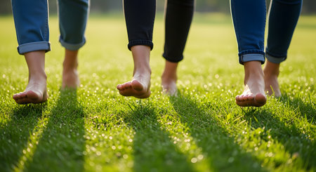 A low-angle view shows the bare feet of three people walking together on lush, dewy green grass in the sunlight. This image evokes feelings of freedom, friendship, grounding, and a connection with nature.の素材