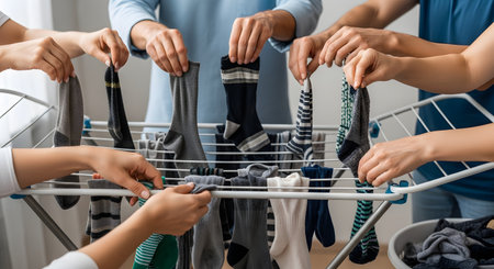 Multiple pairs of hands from a family are shown hanging clean, wet socks on a clothes drying rack. This image illustrates household chores, teamwork, family life, and the daily routine of doing laundry.の素材