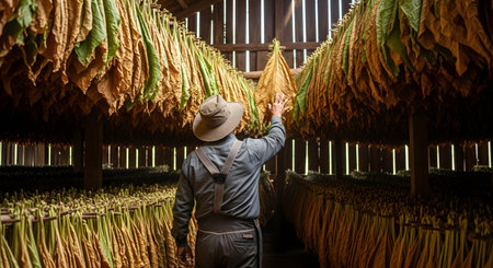 A farmer wearing a hat and suspenders inspects rows of tobacco leaves that are hanging to dry in a rustic wooden barn. Sunlight streams through the slats of the barn, illuminating the golden-brown leaves. This scene depicts the traditional process of curing tobacco.の素材