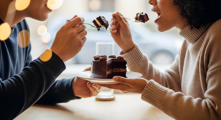 A close-up shot of a couple on a date, sharing a single slice of rich chocolate cake in a cafe. They are affectionately feeding each other small bites with forks, symbolizing romance, love, and sweet indulgence.の素材