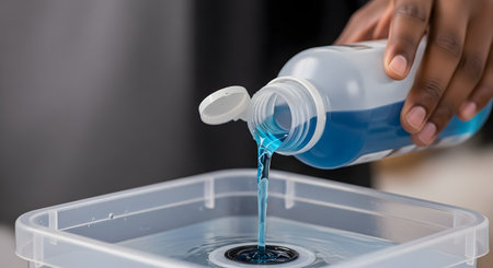 A close-up shot of a hand pouring a stream of vibrant blue liquid, such as detergent or soap, from a bottle into a plastic container. This action can relate to cleaning, refilling, or measuring liquids for household chores.の素材