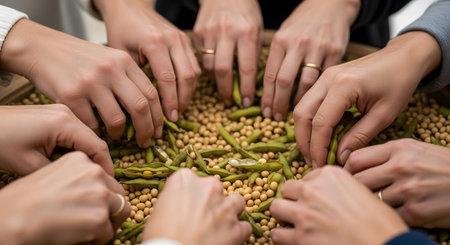 A top-down, close-up view of numerous hands sorting through a large tray of soybeans and fresh edamame pods. The image represents teamwork, community, agriculture, quality control, and the process of harvesting natural food.の素材