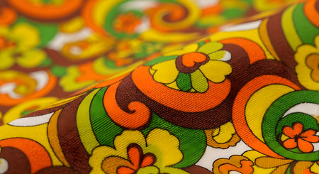 A close-up macro shot of a fabric with a vibrant and psychedelic floral pattern, typical of 1970s design. The pattern features swirls and flowers in shades of orange, yellow, green, and brown, creating a groovy, retro background.の素材
