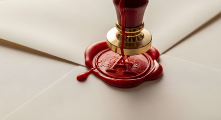 A close-up of a red wax seal with the initial 'A' being pressed onto a cream-colored envelope with a traditional brass stamp. The image evokes a sense of tradition, formality, and authenticity, often used for official documents or personal invitations.の素材
