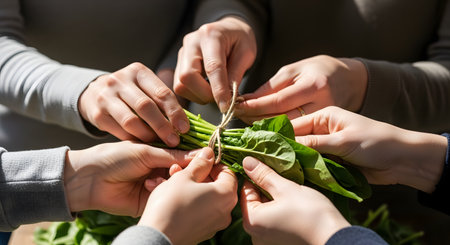 A close-up of multiple pairs of hands working together to tie a bundle of fresh spinach with a piece of twine. This image symbolizes teamwork, collaboration, community, or fresh, local produce.の素材