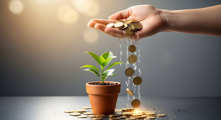 A conceptual image of finance, investment, and growth. A hand pours gold coins, which appear to turn into a stream of water, onto a small, green plant seedling in a terracotta pot. More coins are scattered at the base, symbolizing nurturing an investment.の素材