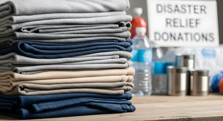 A neat stack of folded fleece blankets in grey, blue, and beige sits on a wooden table. In the blurred background are other supplies like bottled water, canned goods, and a 'Disaster Relief Donations' sign.の素材