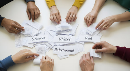 A top-down view shows multiple hands around a white table, sorting a large pile of receipts. The receipts are being categorized with labels: 'Groceries,' 'Utilities,' 'Rent,' and 'Entertainment.' This represents household budgeting, managing expenses, and financial planning.の素材