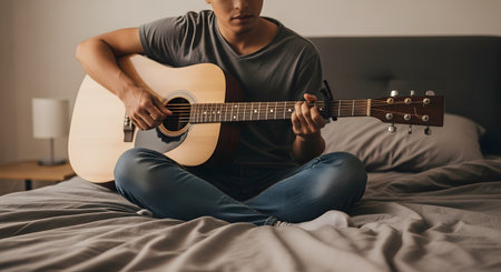 A young man is sitting cross-legged on a bed, playing an acoustic guitar equipped with a capo. The relaxed, indoor setting represents a hobby, practicing music, songwriting, and leisure time at home.の素材