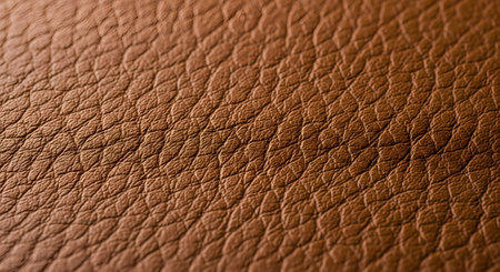 A detailed, angled macro shot of a brown, pebbled leather texture. The image highlights the natural grain, pattern, and fine details of the material, suitable for a background.の素材