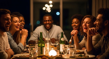 A diverse group of young adult friends are sitting around a dinner table at night,laughing and talking. The table is set with food,wine bottles,and glasses,creating a warm and happy atmosphere.の素材