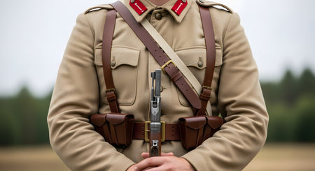 A close-up torso shot of a person in a vintage military uniform,possibly a World War reenactor. The soldier wears a tan jacket with leather belts,harnesses,and ammunition pouches,and is holding an old rifle.の素材