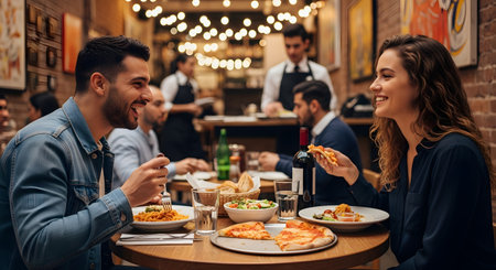 A happy young couple is laughing and enjoying a date night at a lively Italian restaurant. They are eating pizza and pasta, surrounded by the warm ambiance of string lights and other diners, representing romance, dining out, and social life.の素材