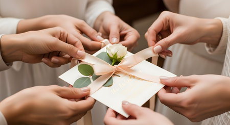 Several pairs of hands are shown working together to tie a delicate pink ribbon with a white rose onto an elegant wedding invitation. The image evokes a sense of preparation, celebration, friendship, and the fine details of wedding planning.の素材