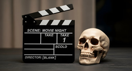 A concept for a horror movie night featuring a movie clapperboard next to a human skull. The clapperboard is labeled MOVIE NIGHT " setting a spooky theme for filmmaking or watching scary films."の素材