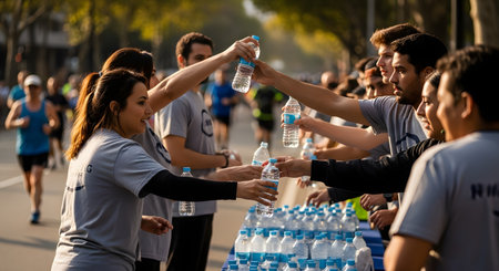 During a marathon race, runners reach out to take water bottles from volunteers at a hydration station. This action shot captures the supportive atmosphere of a sporting event and the importance of hydration for athletes.の素材
