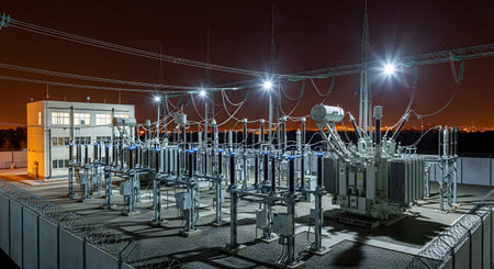 A high-voltage electrical power substation is brightly illuminated at night, showing transformers, insulators, and power lines against a dark sky. The image represents the energy industry, power grid infrastructure, and electricity distribution.の素材