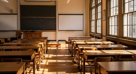 An empty, traditional classroom is filled with warm sunlight streaming through large windows, illuminating rows of wooden desks and chairs. The scene, with its chalkboard and whiteboard, evokes feelings of nostalgia, education, and the quiet potential of a learning space.の素材