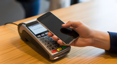 A customer makes a contactless payment by holding a smartphone near a POS terminal at a checkout counter. The transaction is being processed, illustrating the convenience of modern mobile payment technology and NFC.の素材