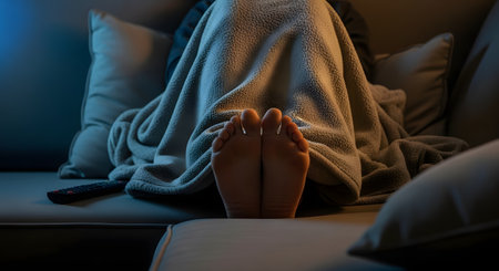 A person is hiding under a cozy blanket on a sofa,with only their bare feet sticking out. A TV remote is on the cushion,suggesting they are scared while watching a horror movie at night.の素材